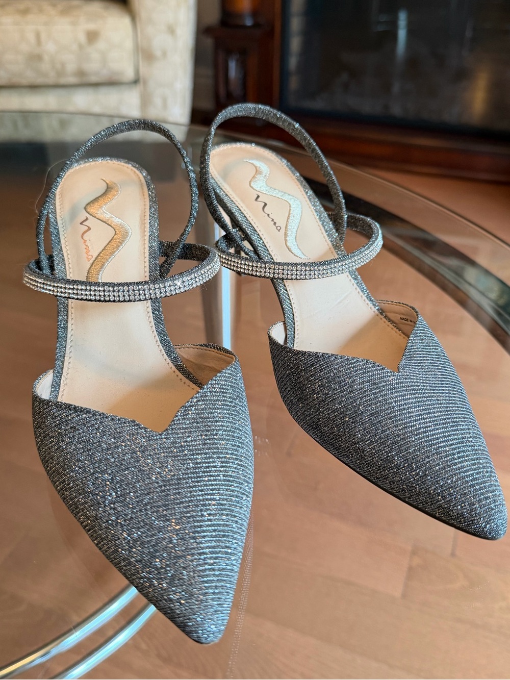 Nina Silver Sparkle Pointed Slingback Heels